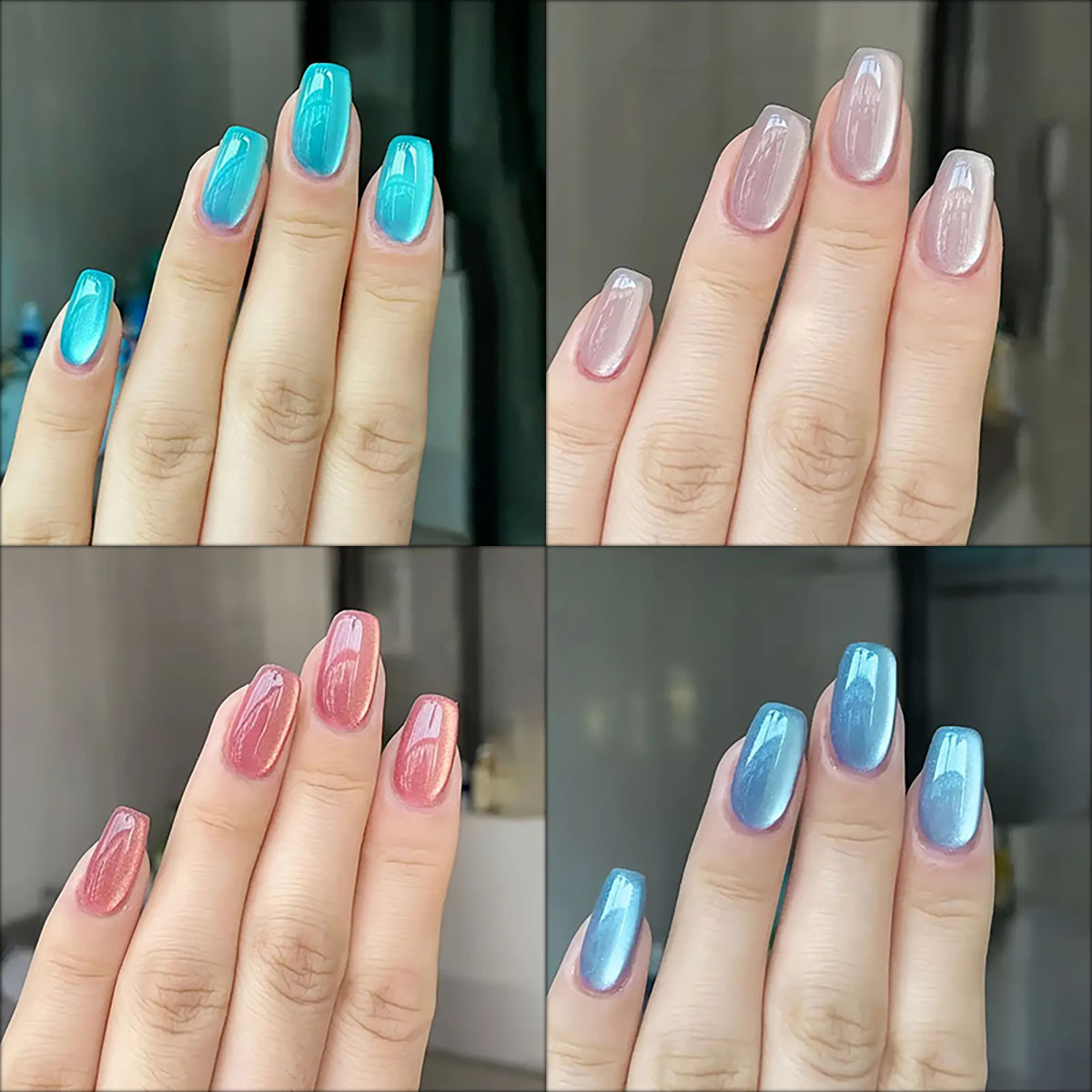 Nail Art Pink Cat Eye - 여성용 짧은 사각형 발레 가짜 손톱,