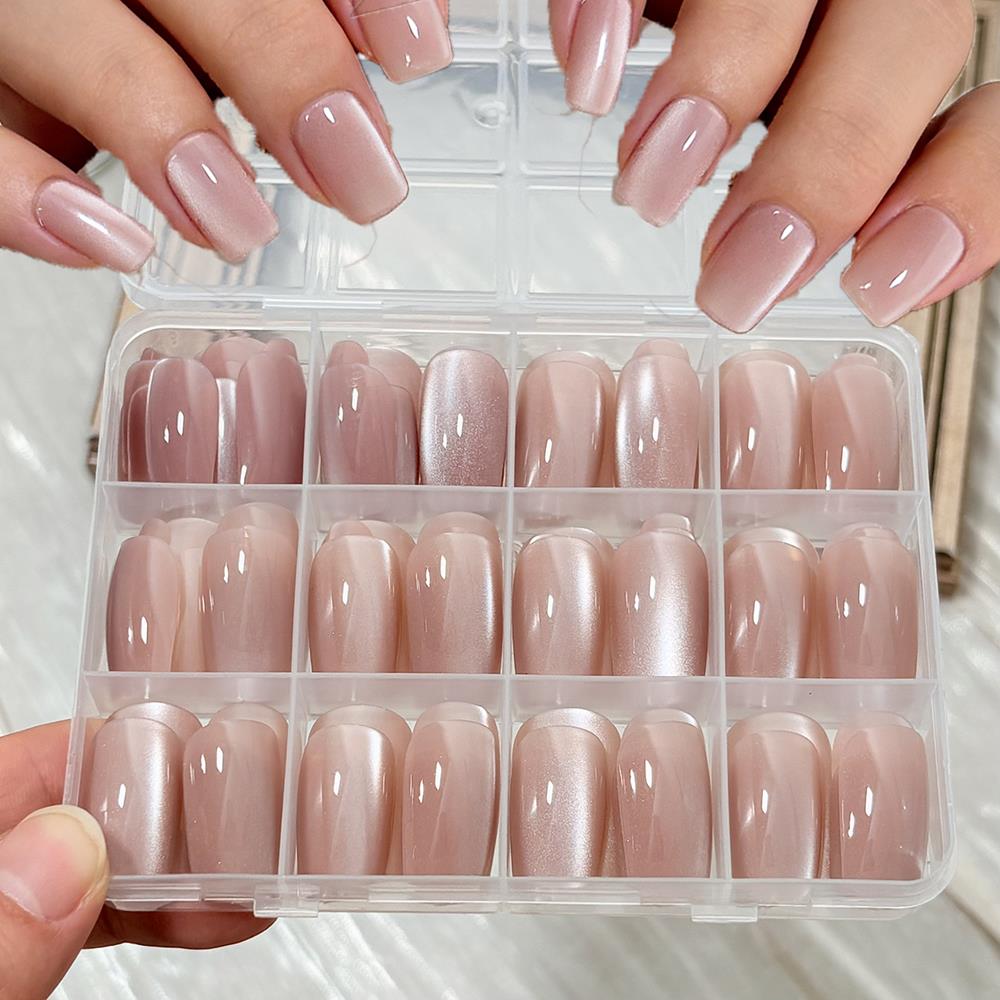 Nail Art Wedding - 144개/박스 누드 핑크 캣츠아이 프레스온 네일