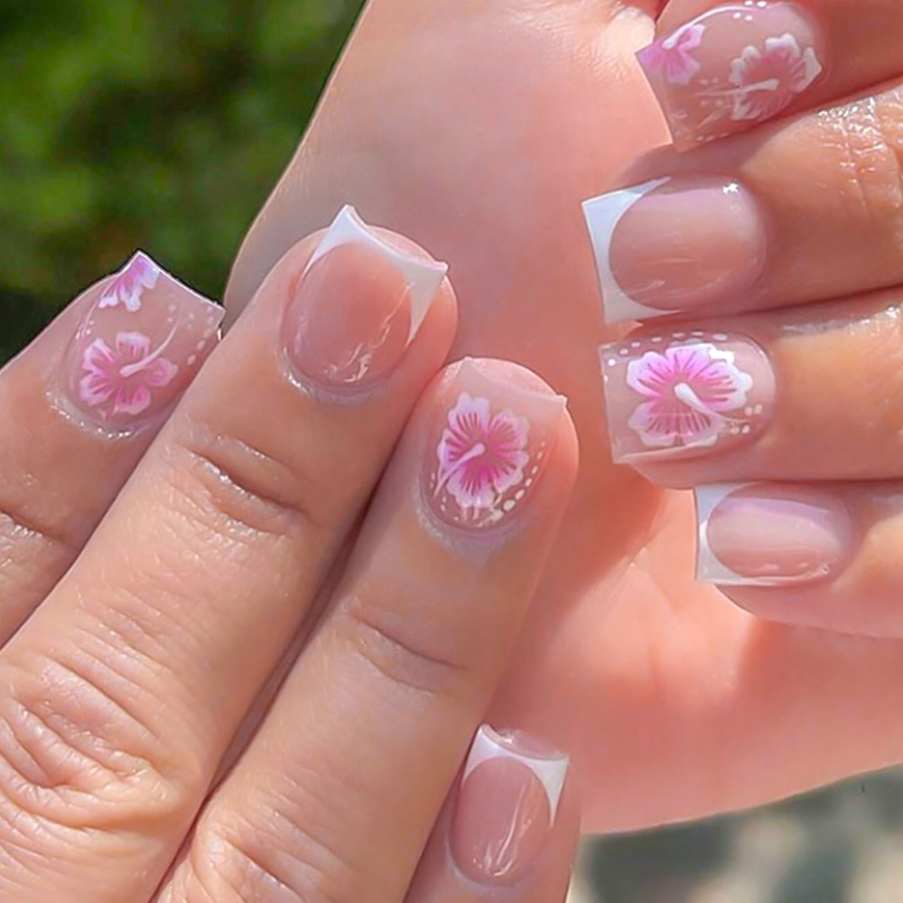 Nail Art Wedding - 24Pcs 프랑스어 꽃 거짓 손톱 핑크