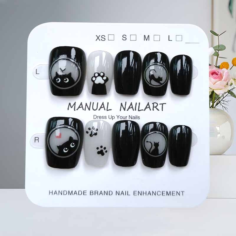 Nail Art Pink Cat Eye - 10개 귀여운 만화 검은 고양이와 핑크