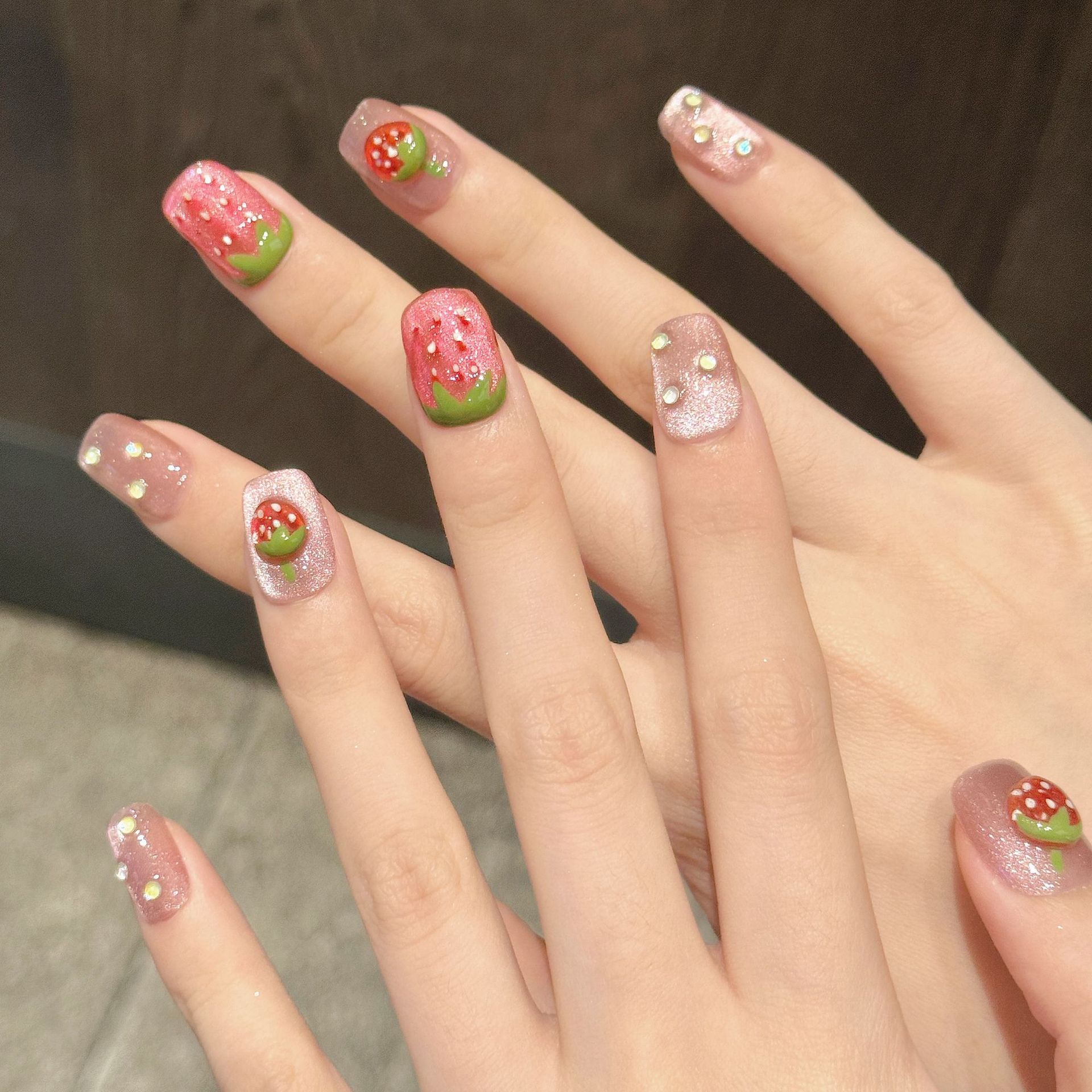10개 수제 프레스온 네일 3D 딸기 장식 가짜 네일  - Nail Art Pink Cat Eye 리뷰 및 가격