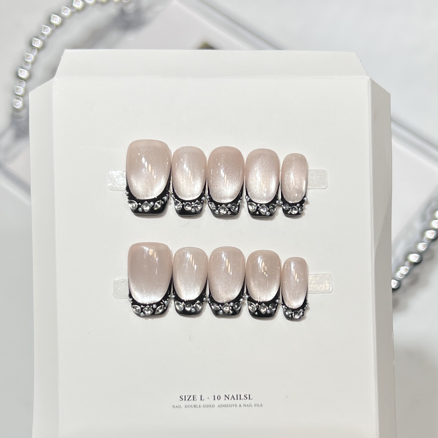 10개 블랙 캣아이 프레스온 네일 프렌치 라인스톤 매니 - Nail Art Wedding 리뷰 및 가격