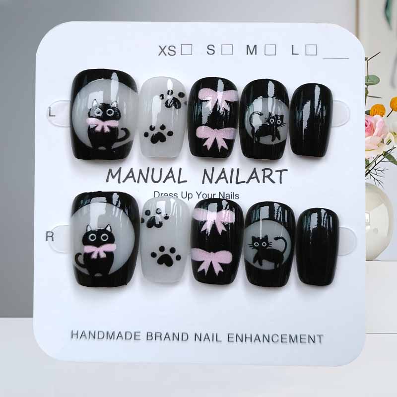 10개 귀여운 만화 검은 고양이와 핑크 나비 매듭 수제 - Nail Art Pink Cat Eye 리뷰 및 가격